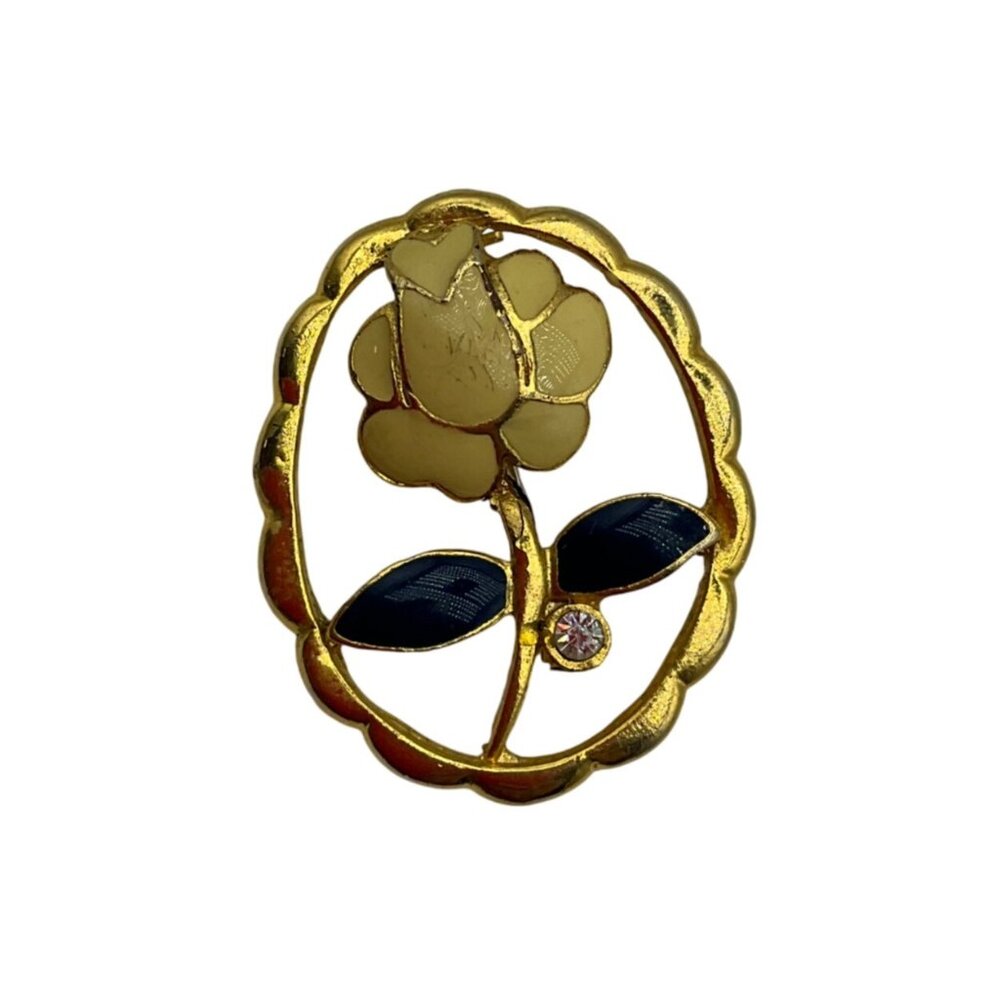 Vintage Vendome Gold-Tone Rose Flower Enamel Brooch Yellow Navy Old Money